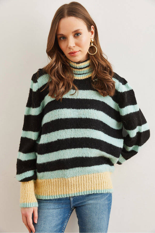 Women's Black Turtleneck Striped Soft Textured Knitted Sweater KZK-19000915 - 2