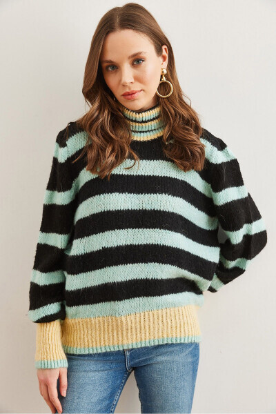 Women's Black Turtleneck Striped Soft Textured Knitted Sweater KZK-19000915 - OLALOOK (1)