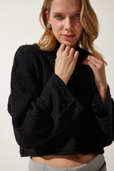 Women's Black Turtleneck Textured Seasonal Knitted Sweater MW00133 - HAPPINESS İSTANBUL (1)
