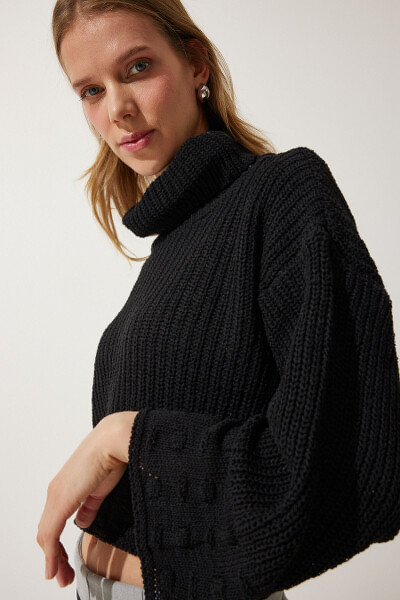 Women's Black Turtleneck Textured Seasonal Knitted Sweater MW00133 - 3