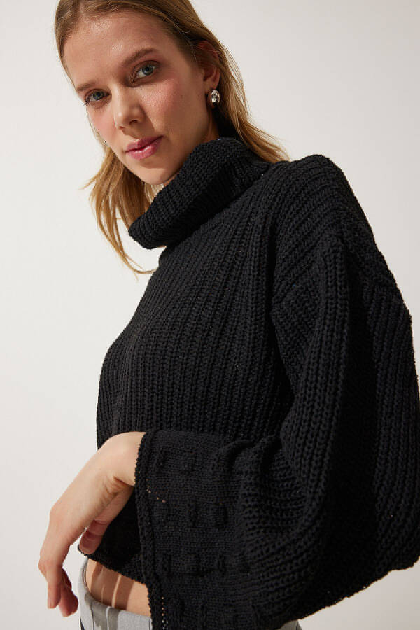 Women's Black Turtleneck Textured Seasonal Knitted Sweater MW00133 - 3