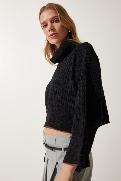 Women's Black Turtleneck Textured Seasonal Knitted Sweater MW00133 - 4