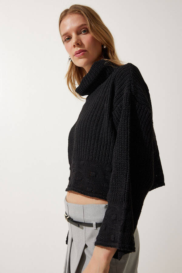 Women's Black Turtleneck Textured Seasonal Knitted Sweater MW00133 - 4