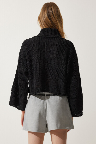 Women's Black Turtleneck Textured Seasonal Knitted Sweater MW00133 - 5