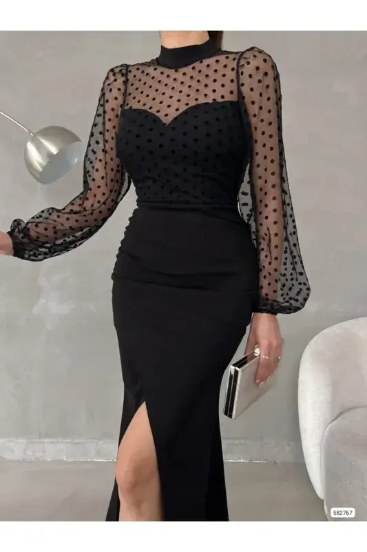 Women's Black Turtleneck Tulle Detail Slit Plus Size Maxi Evening Dress-Black - 3