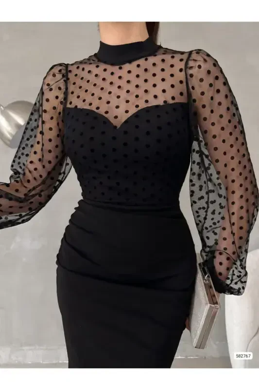 Women's Black Turtleneck Tulle Detail Slit Plus Size Maxi Evening Dress-Black - 4