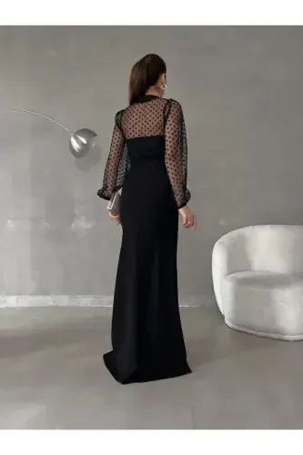 Women's Black Turtleneck Tulle Detail Slit Plus Size Maxi Evening Dress-Black - 5