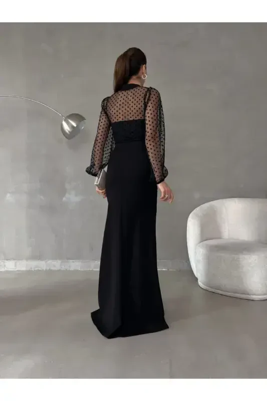 Women's Black Turtleneck Tulle Detail Slit Plus Size Maxi Evening Dress-Black - 5