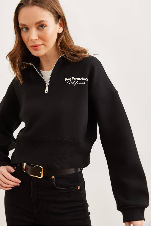 Women's Black Turtleneck Zippered Thistle Crop Sweatshirt SWT-19000699 - 1