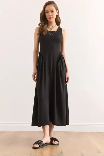 Women's Black U Neck Soft Touch Maxi Stretch Dress - 1