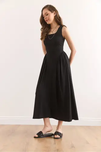 Women's Black U Neck Soft Touch Maxi Stretch Dress - 3