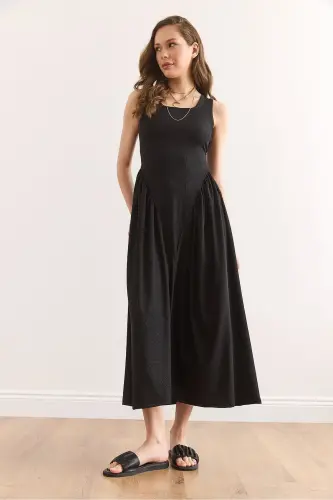 Women's Black U Neck Soft Touch Maxi Stretch Dress - 4