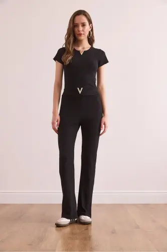 Women's Black V Detailed Ribbed Cotton Set - OLALOOK (1)