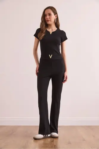 Women's Black V Detailed Ribbed Cotton Set - 3