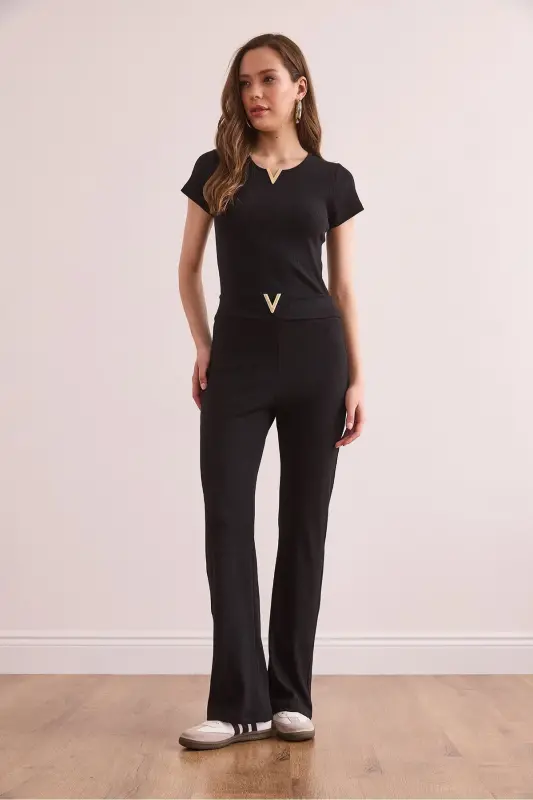 Women's Black V Detailed Ribbed Cotton Set - 3