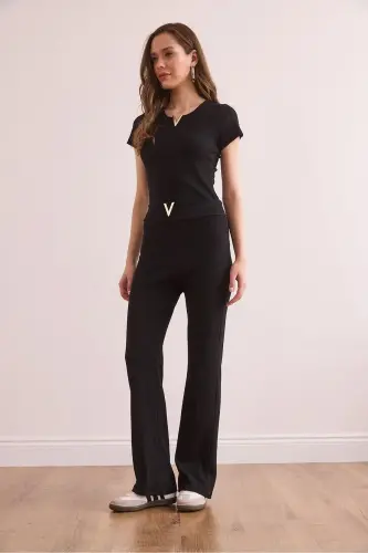 Women's Black V Detailed Ribbed Cotton Set - 4