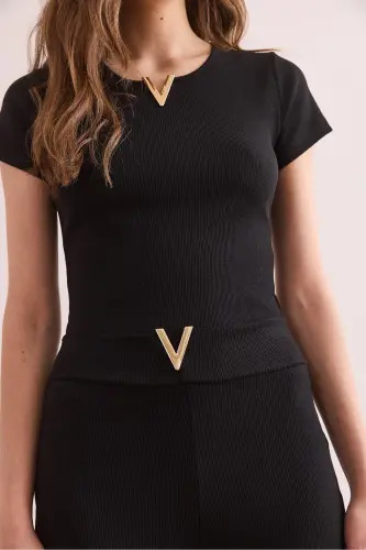 Women's Black V Detailed Ribbed Cotton Set - 5