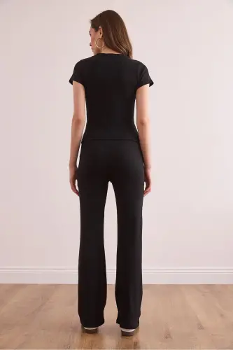 Women's Black V Detailed Ribbed Cotton Set - 6