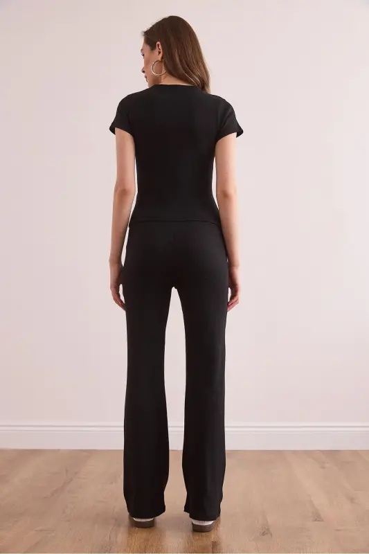 Women's Black V Detailed Ribbed Cotton Set - 6