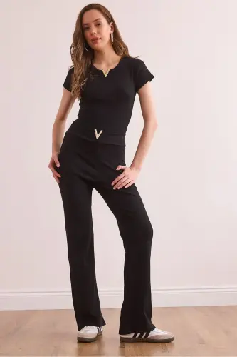 Women's Black V Detailed Ribbed Cotton Set - 1