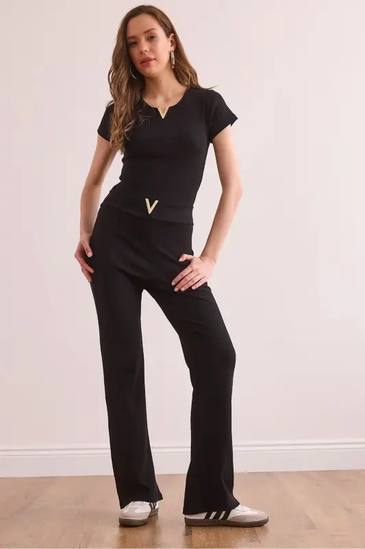 Women's Black V Detailed Ribbed Cotton Set - 1