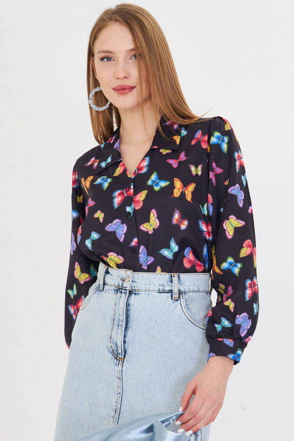 Women's Black V-Neck Balloon Sleeve Patterned Shirt ARM-25 - 1