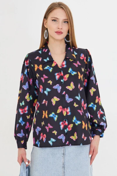 Women's Black V-Neck Balloon Sleeve Patterned Shirt ARM-25 - 2