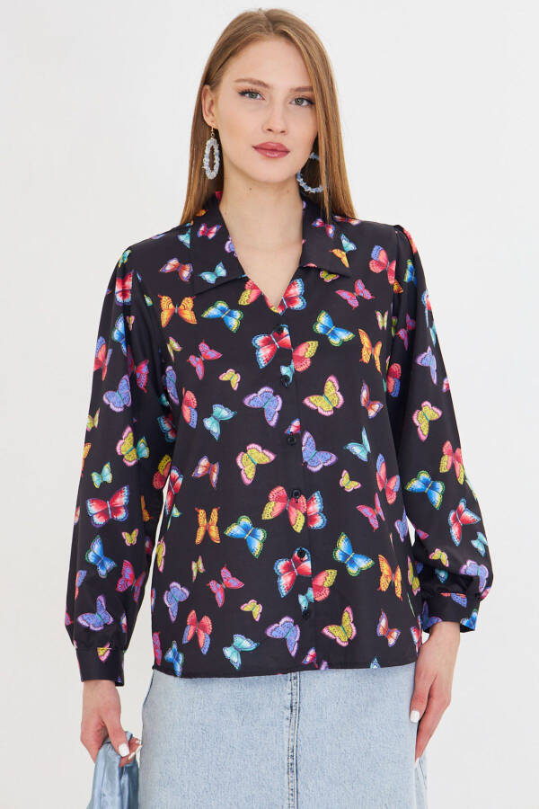Women's Black V-Neck Balloon Sleeve Patterned Shirt ARM-25 - 2