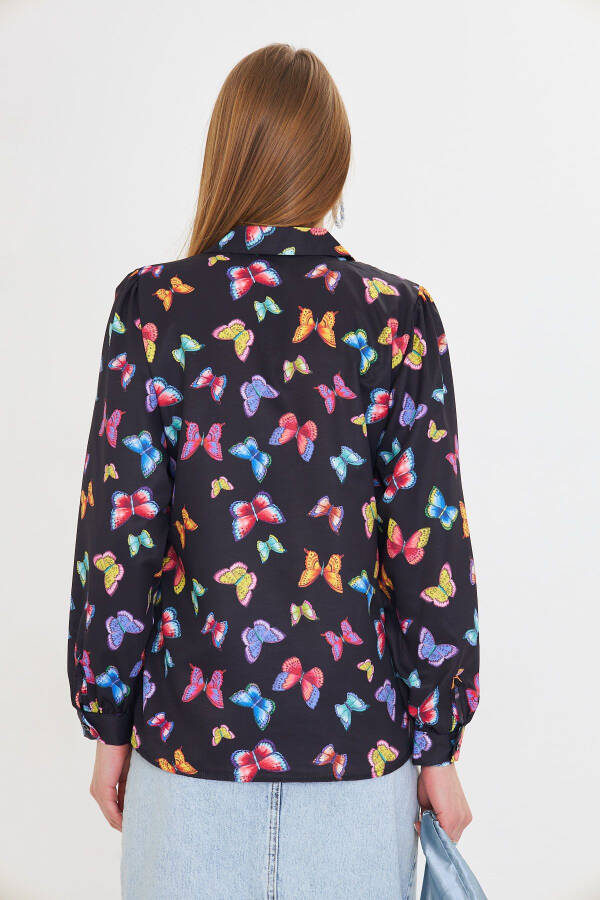 Women's Black V-Neck Balloon Sleeve Patterned Shirt ARM-25 - 4