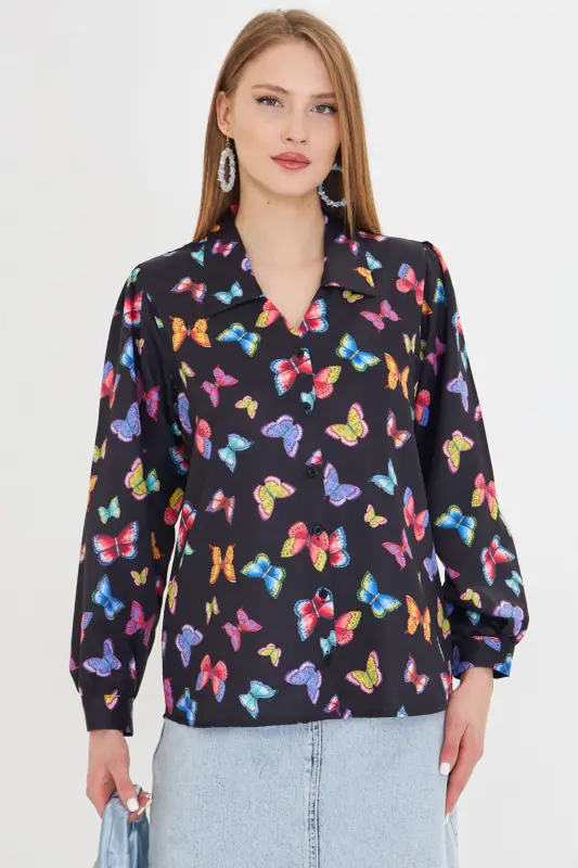Women's Black V-Neck Balloon Sleeve Patterned Shirt ARM-25 - 3