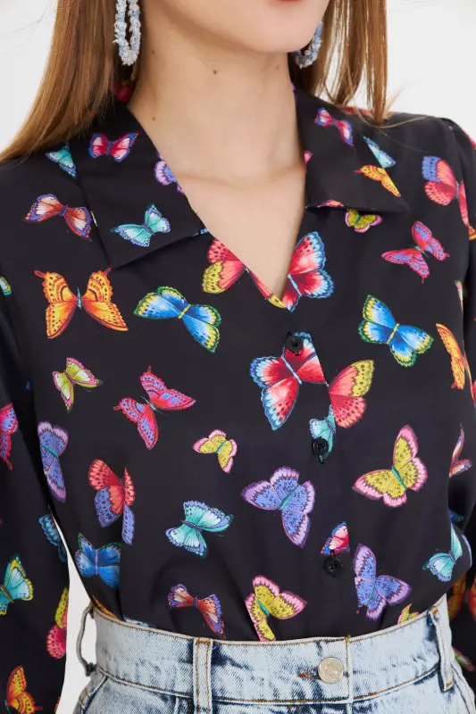 Women's Black V-Neck Balloon Sleeve Patterned Shirt ARM-25 - 4