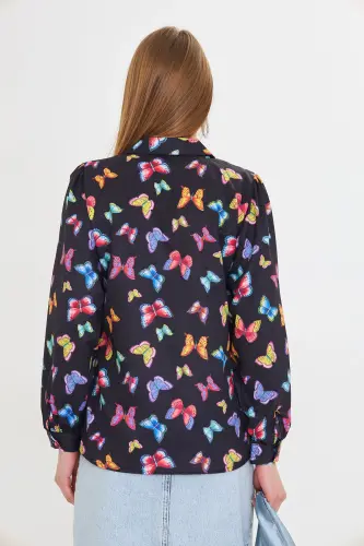 Women's Black V-Neck Balloon Sleeve Patterned Shirt ARM-25 - 5