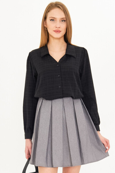 Women's Black V-Neck Balloon Sleeve Ruched Blouse ARM-2 - 12