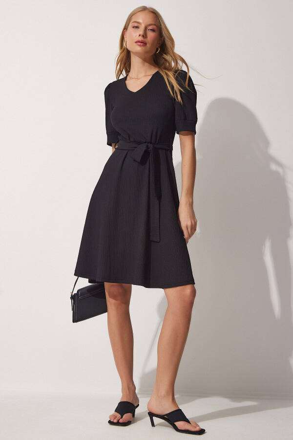 Women's Black V-Neck Belted Flare Knit Dress DD01183 - 2