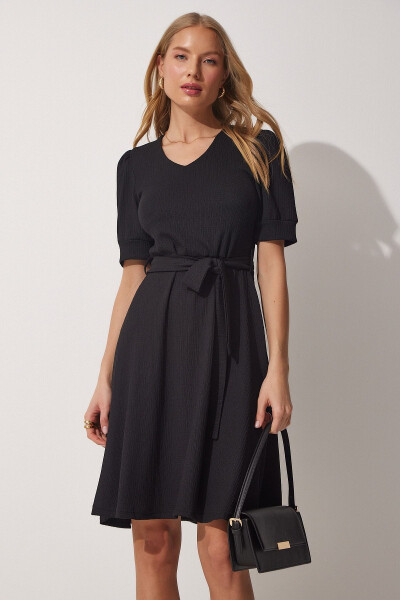 Women's Black V-Neck Belted Flare Knit Dress DD01183 - 3