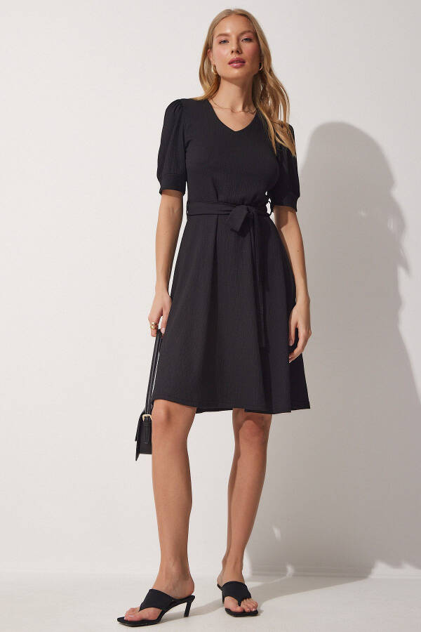 Women's Black V-Neck Belted Flare Knit Dress DD01183 - 4