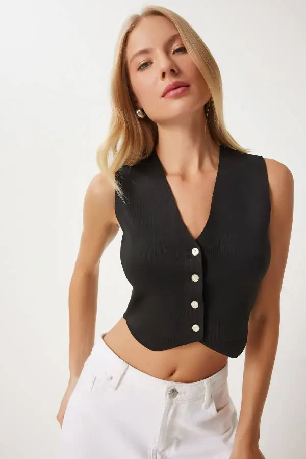 Women's Black V-Neck Buttoned Summer Knit Cardigan FN03348 - 2