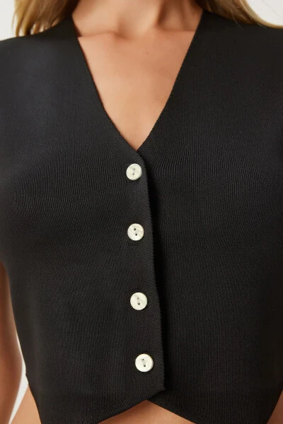 Women's Black V-Neck Buttoned Summer Knit Cardigan FN03348 - 5