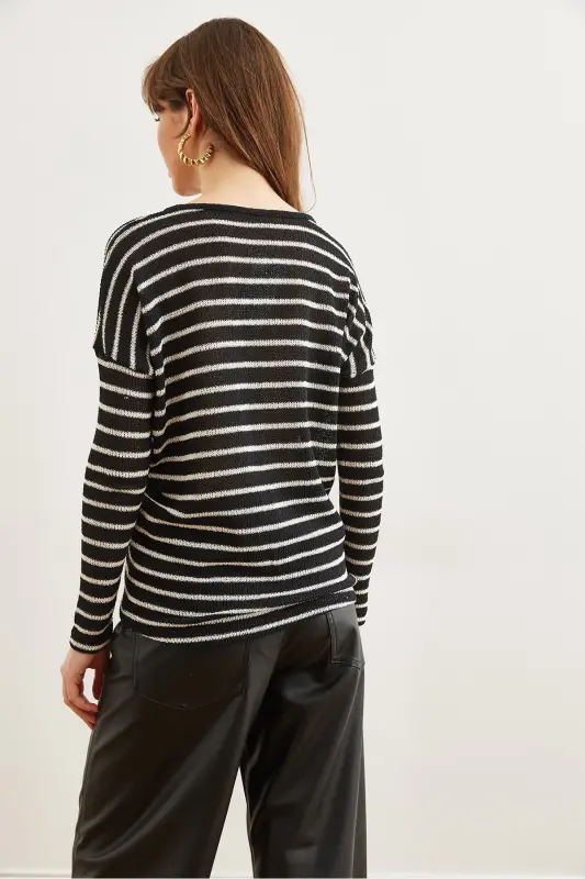 Women's Black V-Neck Chevron Striped Mercerized Knit Blouse BLZ-19002809 - 7