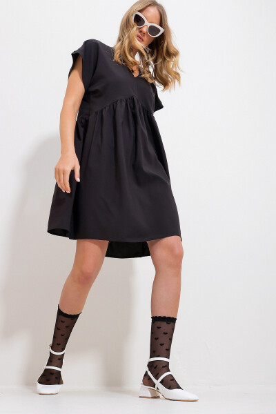 Women's Black V-Neck Double Sleeve Ruffle Woven Dress Alc-X11731 - 2