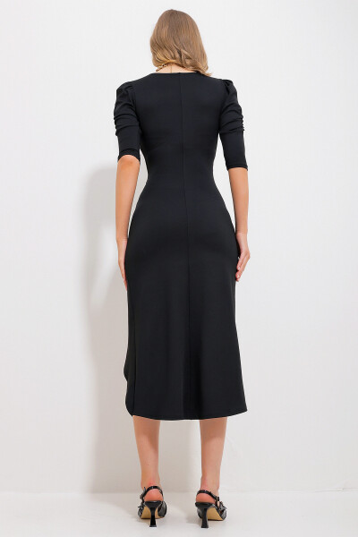 Women's Black V-Neck Draped Princess Sleeve Cocktail Dress Alc-X11687 - 3