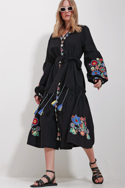 Women's Black V-Neck Full Embroidered Lined Woven Dress ALC-X11565 - 3