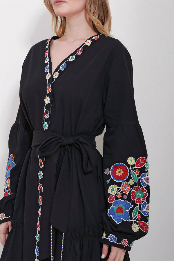 Women's Black V-Neck Full Embroidered Lined Woven Dress ALC-X11565 - 4