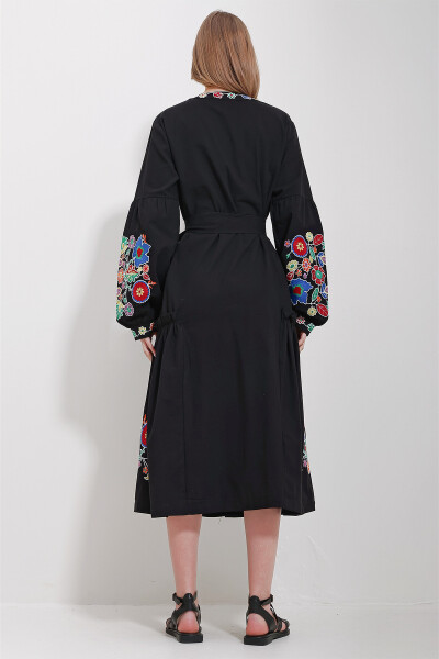 Women's Black V-Neck Full Embroidered Lined Woven Dress ALC-X11565 - 5