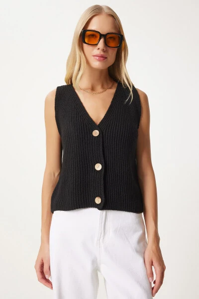 Women's Black V-Neck Knit Vest YY00221 - HAPPINESS İSTANBUL (1)