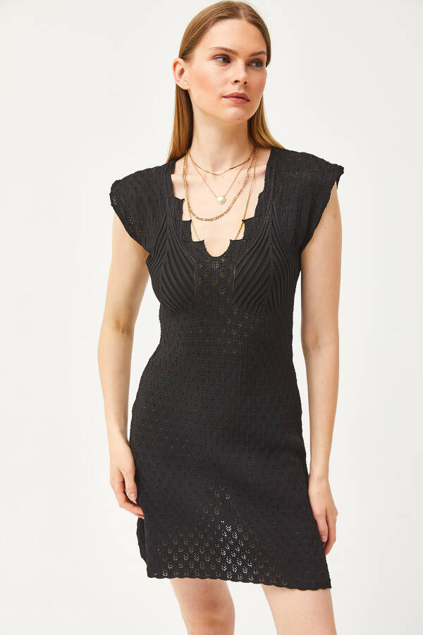 Women's Black V-Neck Lace Knit Bell Dress ELB-19002071 - 2