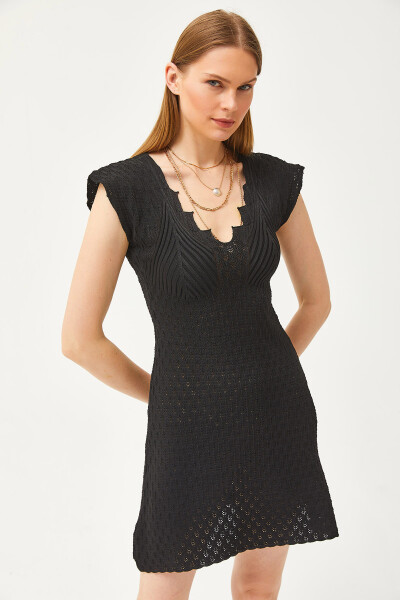 Women's Black V-Neck Lace Knit Bell Dress ELB-19002071 - 3