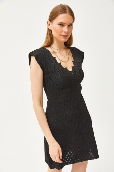 Women's Black V-Neck Lace Knit Bell Dress ELB-19002071 - 4