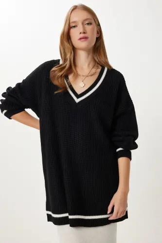 Women's Black V-Neck Oversize Long Knitted Cardigan BP00140 - HAPPINESS İSTANBUL (1)