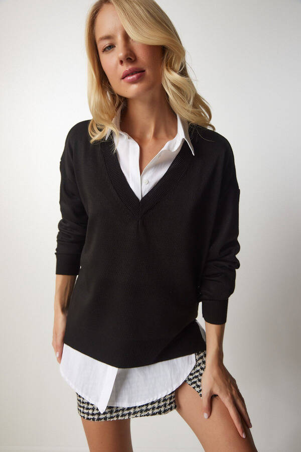 Women's Black V-Neck Oversized Knit Sweater BV00082 - 1
